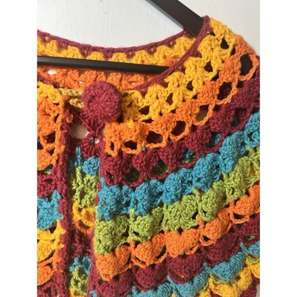 Vintage Rainbow Handmade Crocheted Knit Shawl Blanket Cape Poncho Grandma - Picture 3 of 8